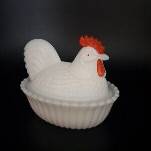 Westmoreland Milk Glass Hen On Nest With Red Comb Decorative Container